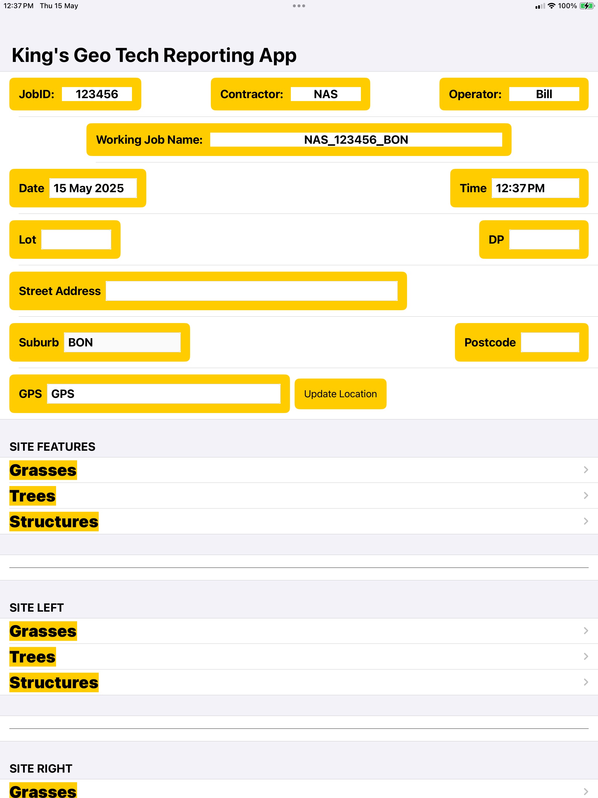 Site location and properties screen